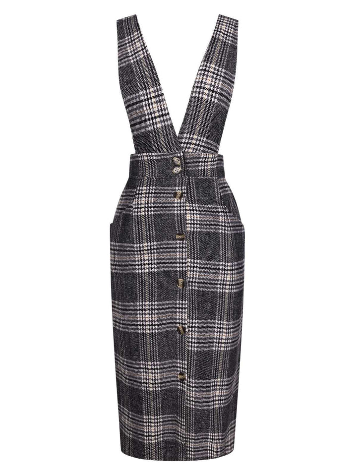 She slips into this Grey 1960s Button Plaid Pinafore Dress and suddenly it&