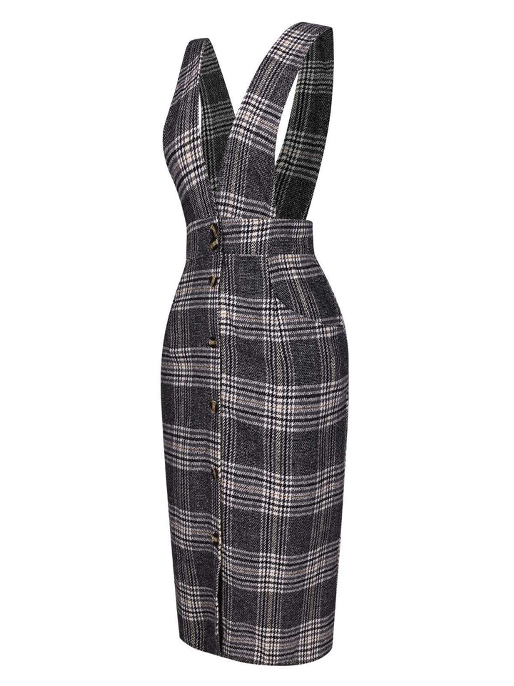 This Grey 1960s Button Plaid Pinafore Dress wraps her in 1960s elegance, one twirl at a time