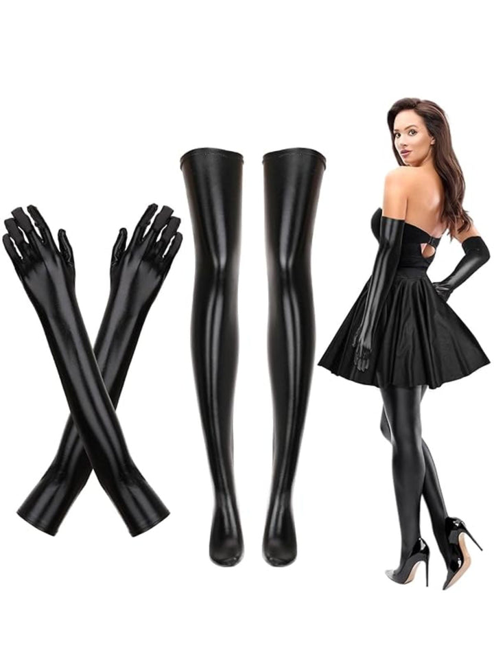 Halloween Black PU Leather Gloves &amp; Thigh High Socks Set - vintage fashion, retro style, classic black