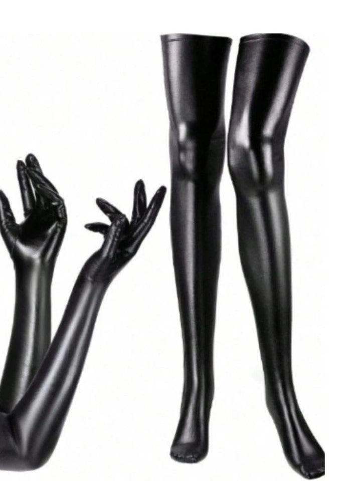 Halloween Black PU Leather Gloves &amp; Thigh High Socks Set - vintage fashion, retro style, classic black