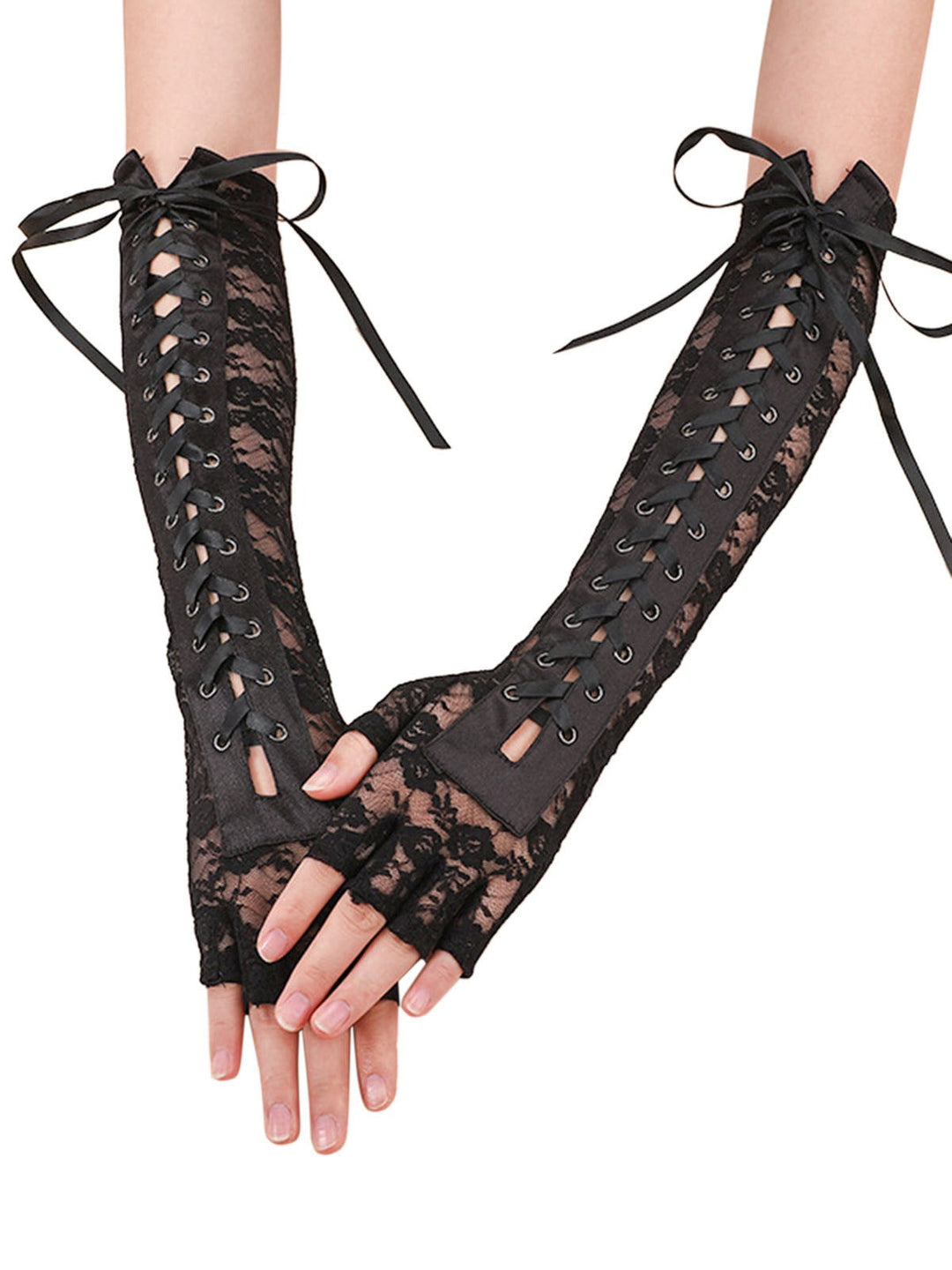 She adds this Halloween Punk Party Lace-Up Half Finger Gloves and suddenly it&
