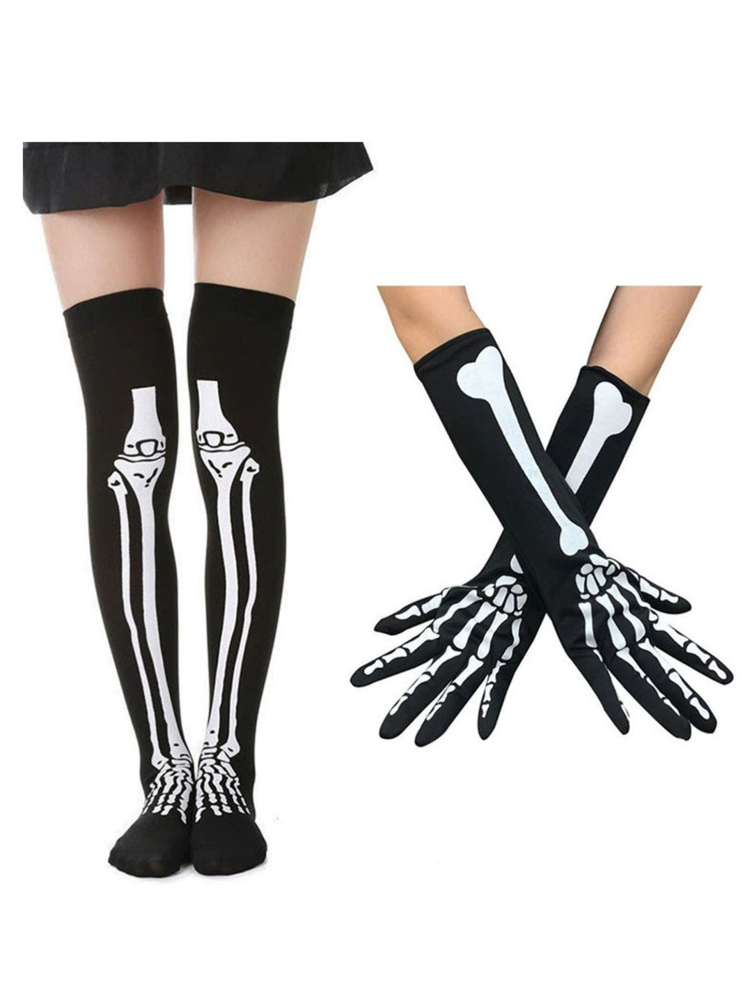 Halloween Skeleton Thigh High Socks &amp; Gloves Set - vintage fashion, retro style