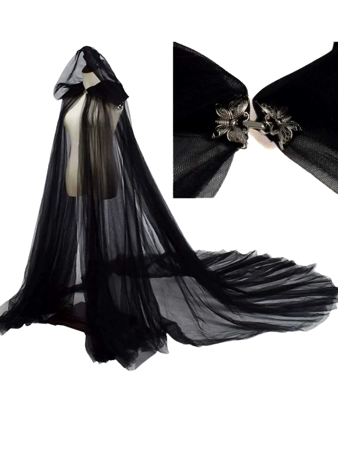Halloween Vampire Bride Mesh Hooded Cape Cloak - vintage fashion, retro style