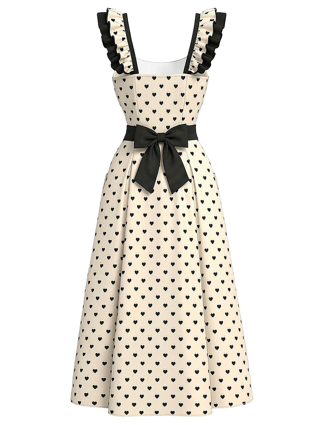 [Pre-Sale] Ivory 1940s Heart Print Ruffle Strap Swing Dress, vintage dress, retro fashion, rockabilly, pin-up fashion - perfect for women who love vintage and retro fashion
