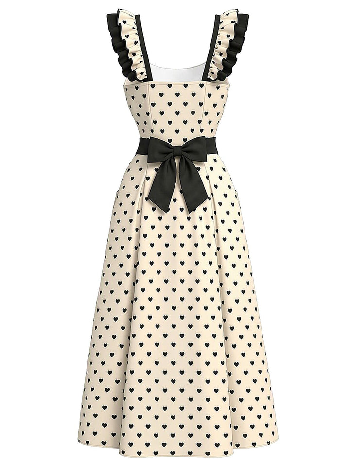 [Pre-Sale] Ivory 1940s Heart Print Ruffle Strap Swing Dress, vintage dress, retro fashion, rockabilly, pin-up fashion - perfect for women who love vintage and retro fashion