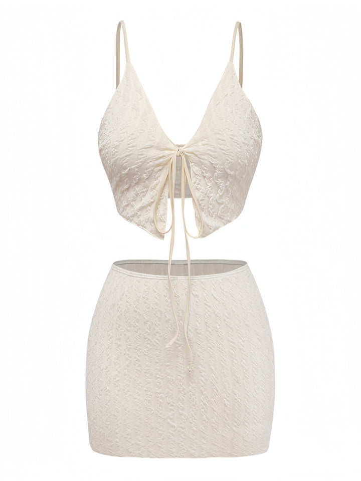 Ivory Textured Tie-Front Tankini Set - vintage fashion, retro style for vintage lovers