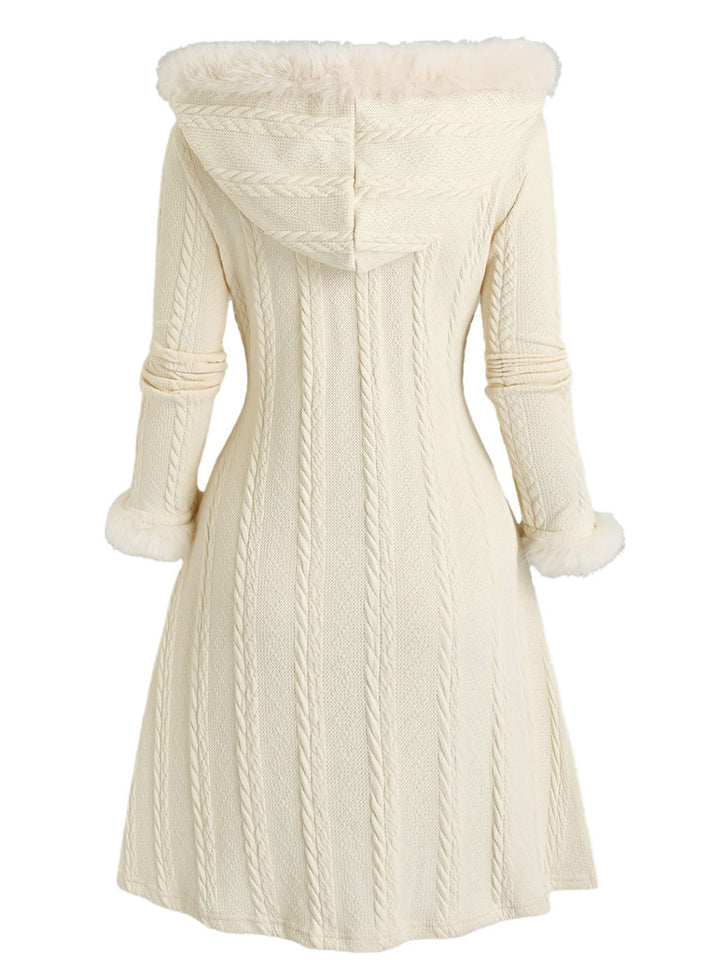 Ivory 1950s Knit Fur Trimmed Hooded Coat - vintage fashion, style