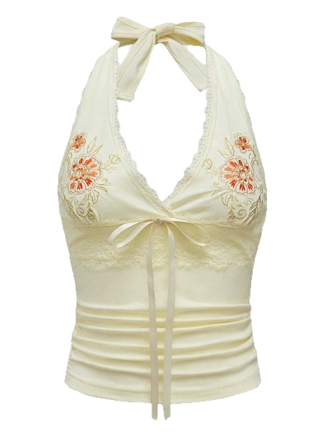 Ivory 1980s Embroidered Lace Floral Halter Top - vintage fashion, retro style, elegant red