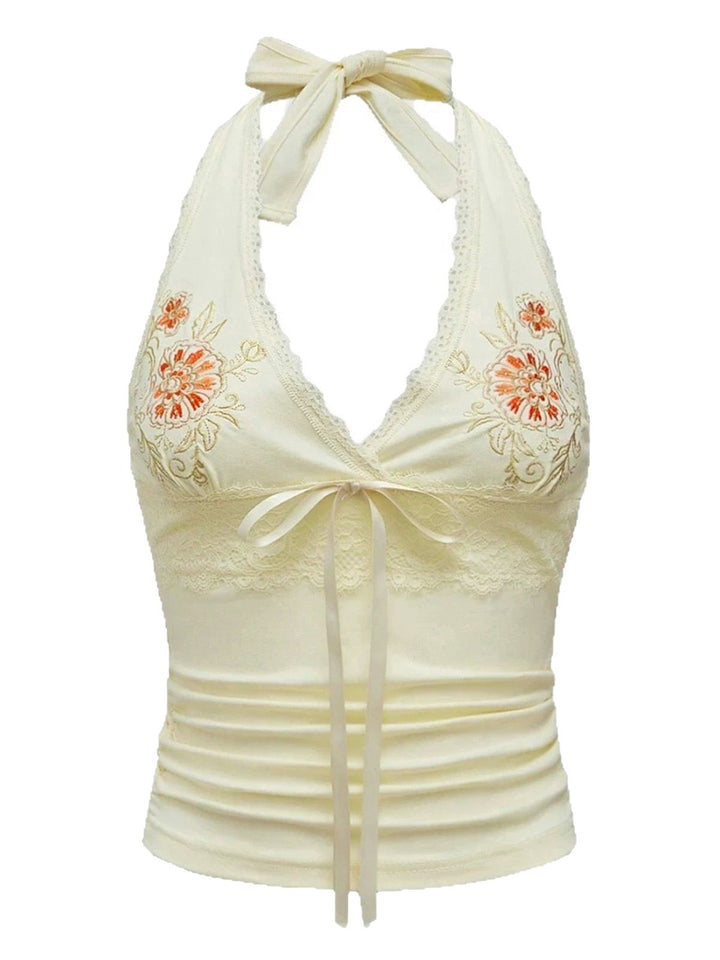 Ivory 1980s Embroidered Lace Floral Halter Top - vintage fashion, retro style, elegant red