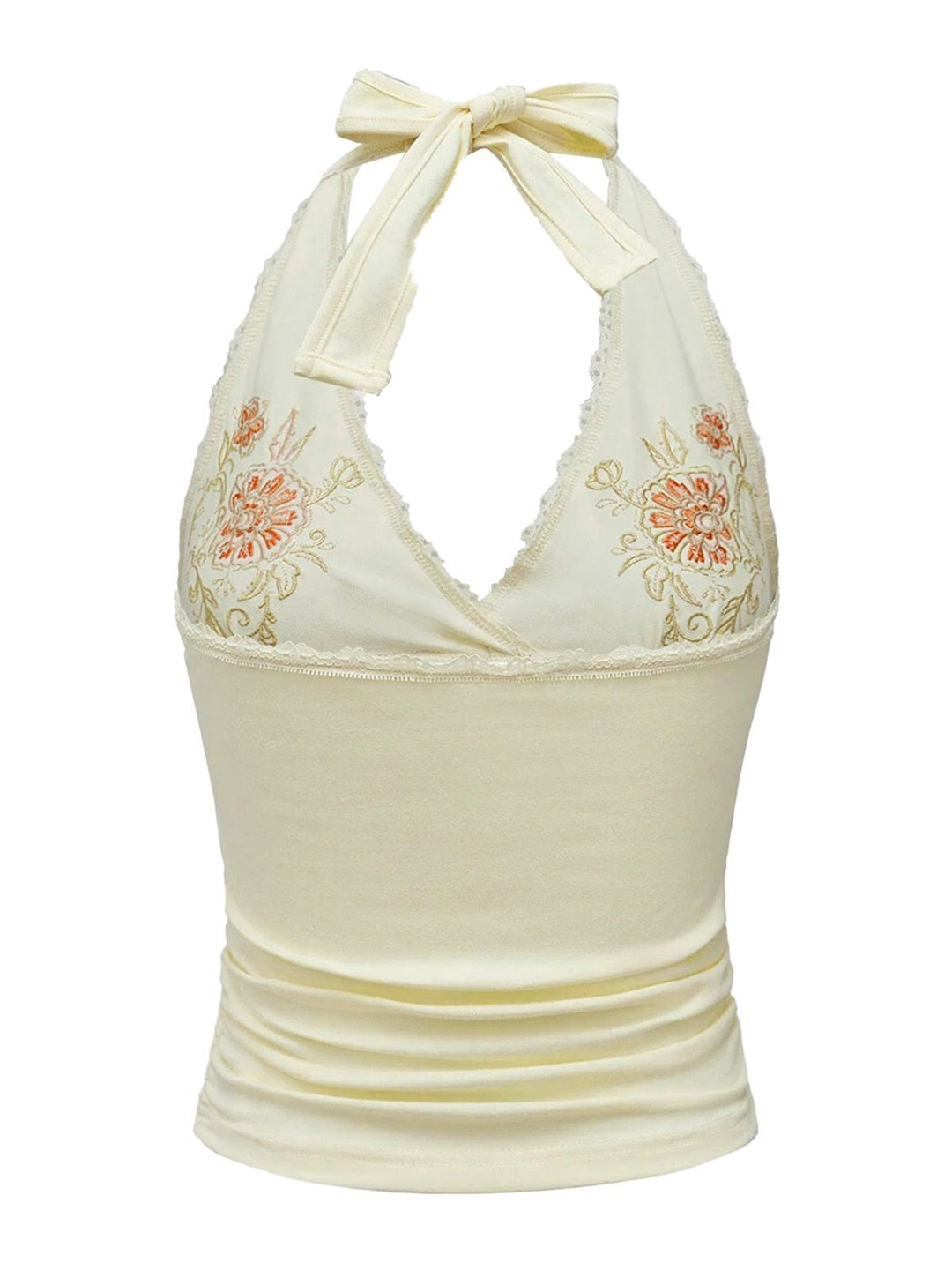 Ivory 1980s Embroidered Lace Floral Halter Top - vintage fashion, retro style, elegant red