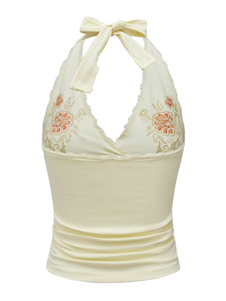 Ivory 1980s Embroidered Lace Floral Halter Top - vintage fashion, retro style, elegant red