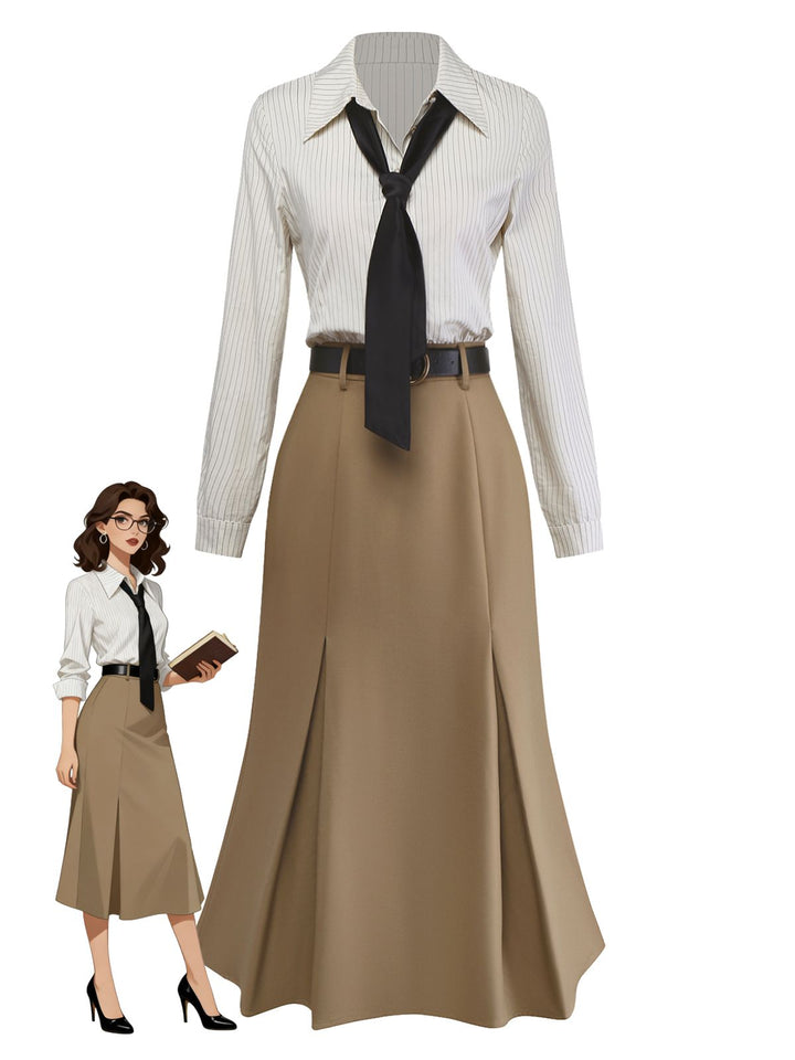 Khaki 1930s Striped Lapel Blouse Detachable Tie Dress, classic vintage style elegant retro fashion - Image 1