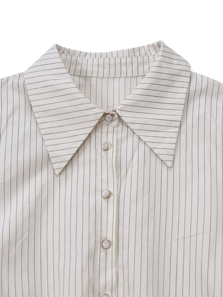 Khaki 1930s Striped Lapel Blouse Detachable Tie Dress, classic vintage style elegant retro fashion - Image 10