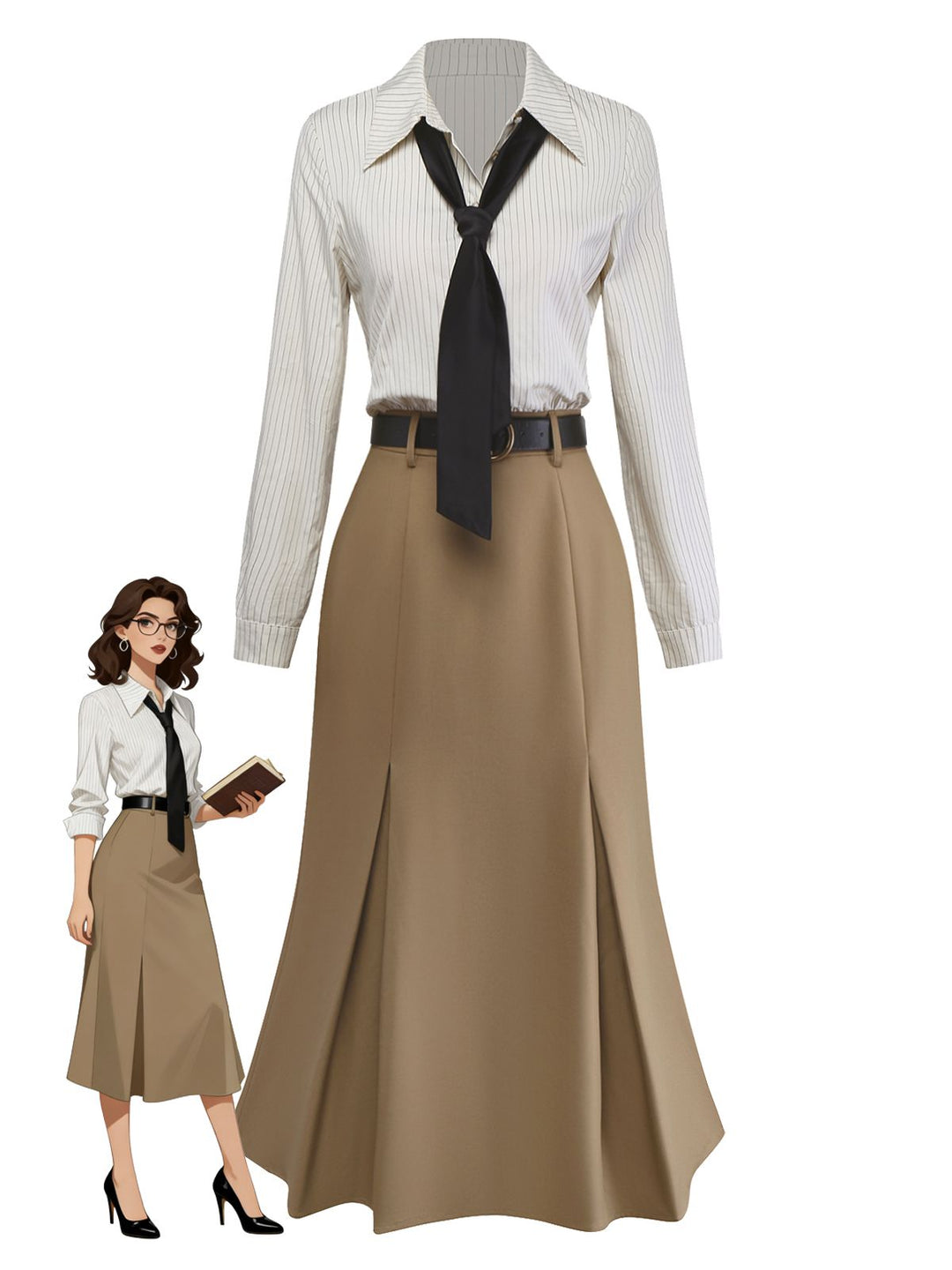Khaki 1930s Striped Lapel Blouse Detachable Tie Dress, classic vintage style elegant retro fashion - Image 1