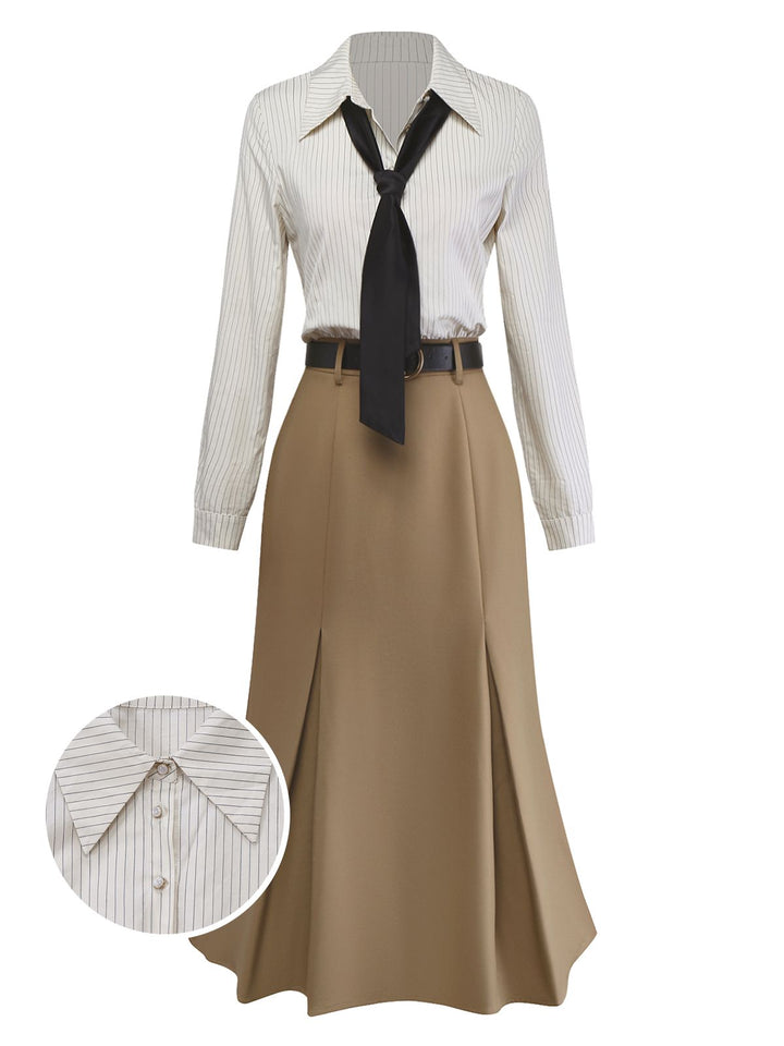Khaki 1930s Striped Lapel Blouse Detachable Tie Dress, classic vintage style elegant retro fashion - Image 4