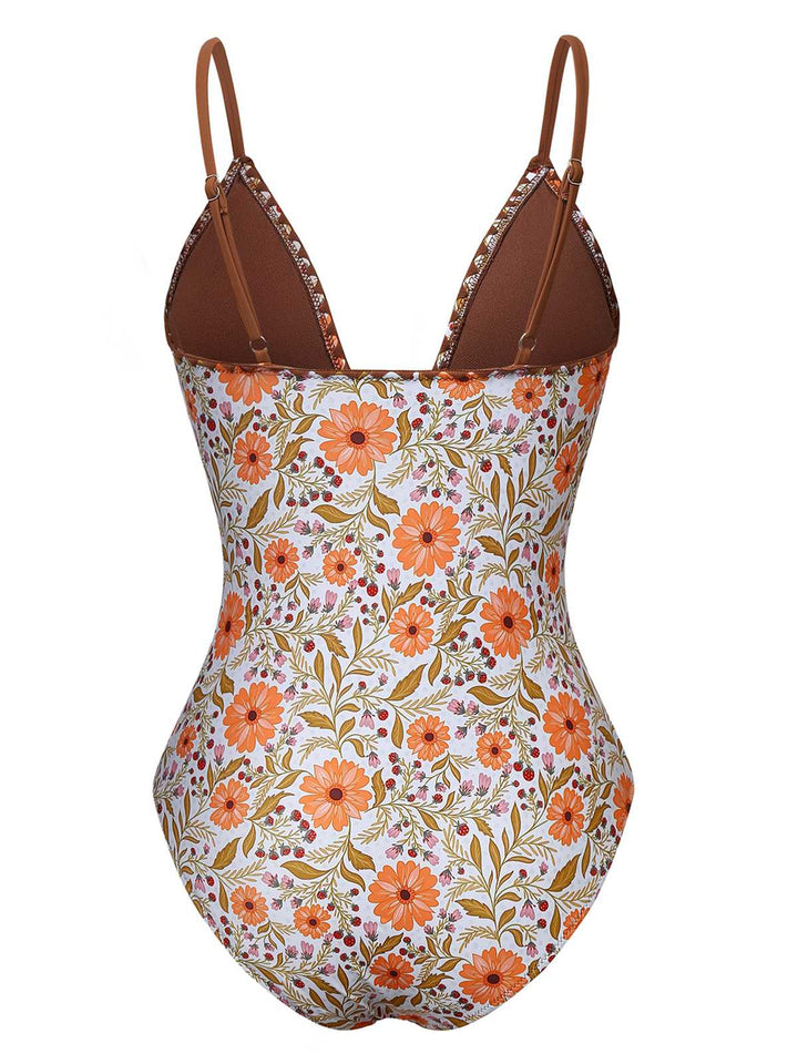 Khaki 1950s Floral Keyhole One-Piece Swimsuit: 1950s Riviera elegance, reimagined for her