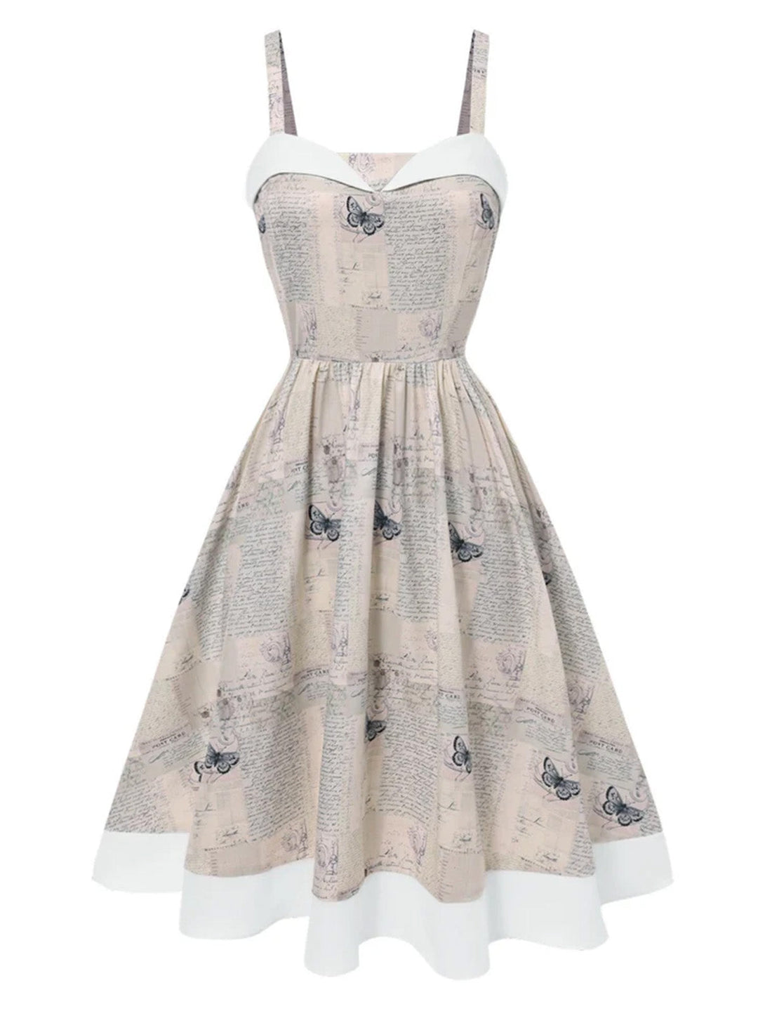 Khaki 1950s Newspaper Butterfly Patchwork Dress - vintage dress, retro fashion, rockabilly