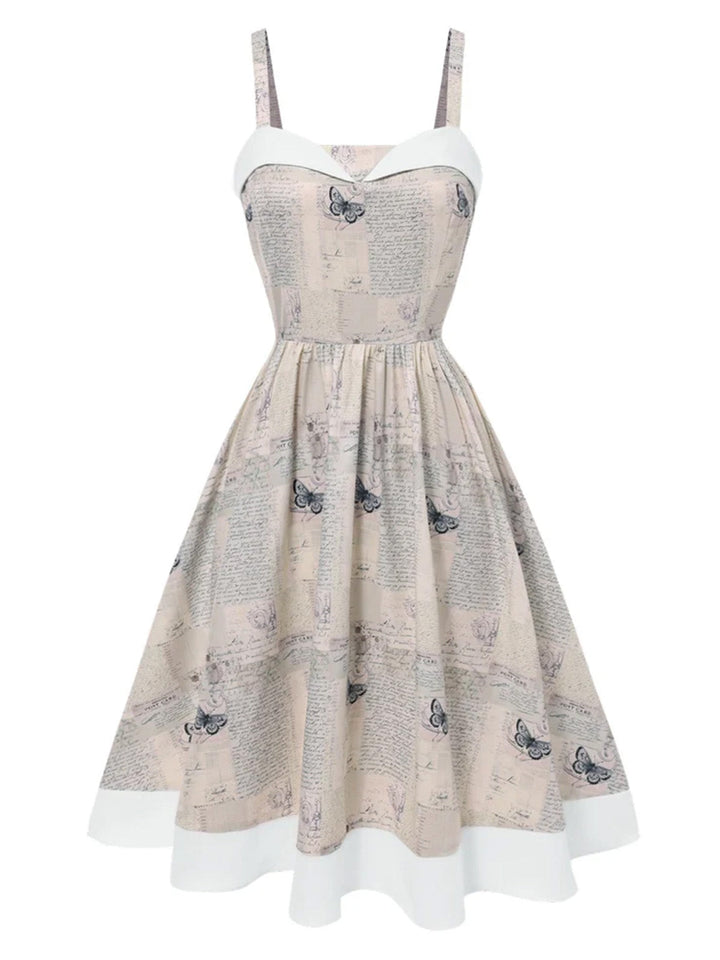 Khaki 1950s Newspaper Butterfly Patchwork Dress - vintage dress, retro fashion, rockabilly