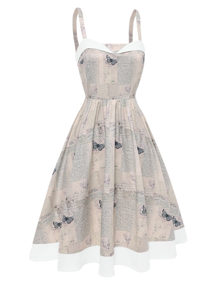 Khaki 1950s Newspaper Butterfly Patchwork Dress - vintage dress, retro fashion, rockabilly