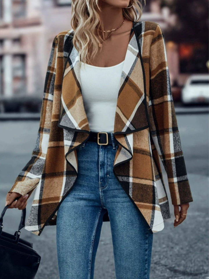 Khaki 1950s Plaid Long Sleeve Irregular Jacket - vintage fashion, retro style
