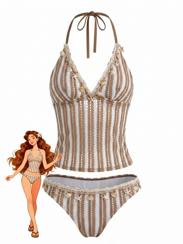 Khaki Striped Crochet 3D Seashell &amp; Starfish Tankini Set - vintage fashion, retro style for vintage lovers