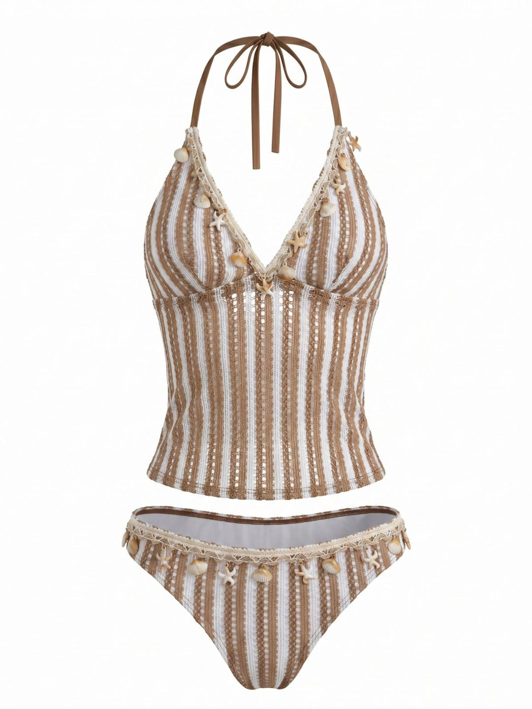 Khaki Striped Crochet 3D Seashell &amp; Starfish Tankini Set - vintage fashion, retro style for vintage lovers