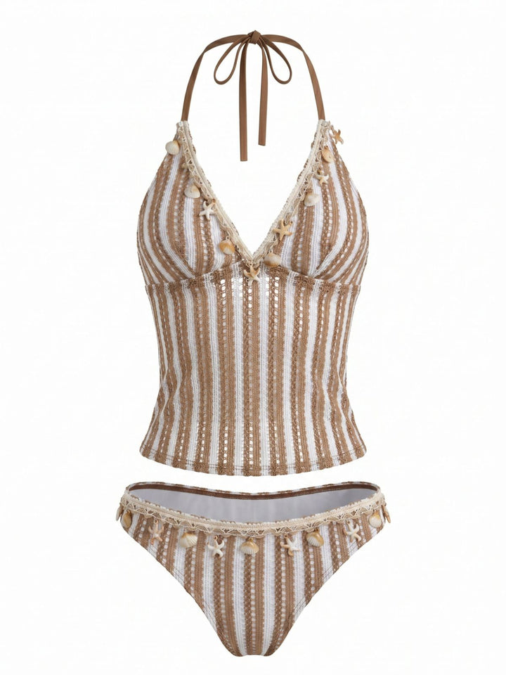 Khaki Striped Crochet 3D Seashell &amp; Starfish Tankini Set - vintage fashion, retro style for vintage lovers
