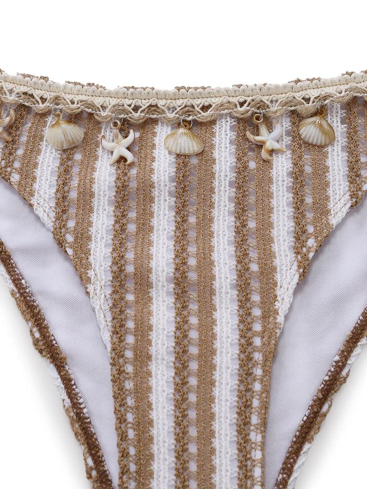Khaki Striped Crochet 3D Seashell &amp; Starfish Tankini Set - vintage fashion, retro style for vintage lovers