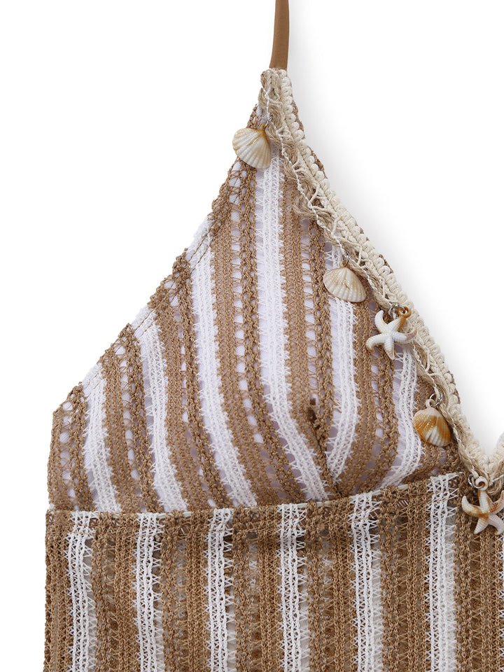 Khaki Striped Crochet 3D Seashell &amp; Starfish Tankini Set - vintage fashion, retro style for vintage lovers