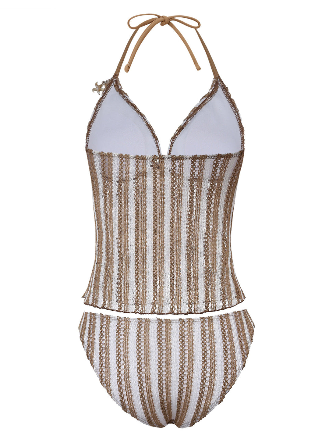 Khaki Striped Crochet 3D Seashell &amp; Starfish Tankini Set - vintage fashion, retro style for vintage lovers