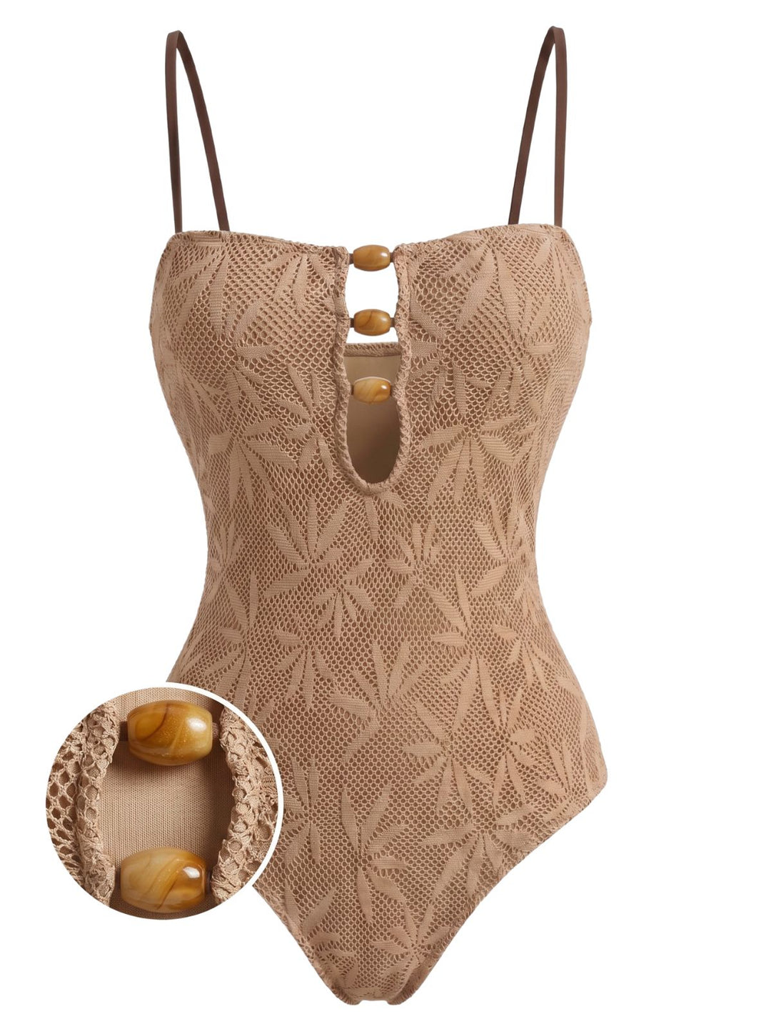 Khaki Jacquard Beaded One-Piece Swimsuit 4