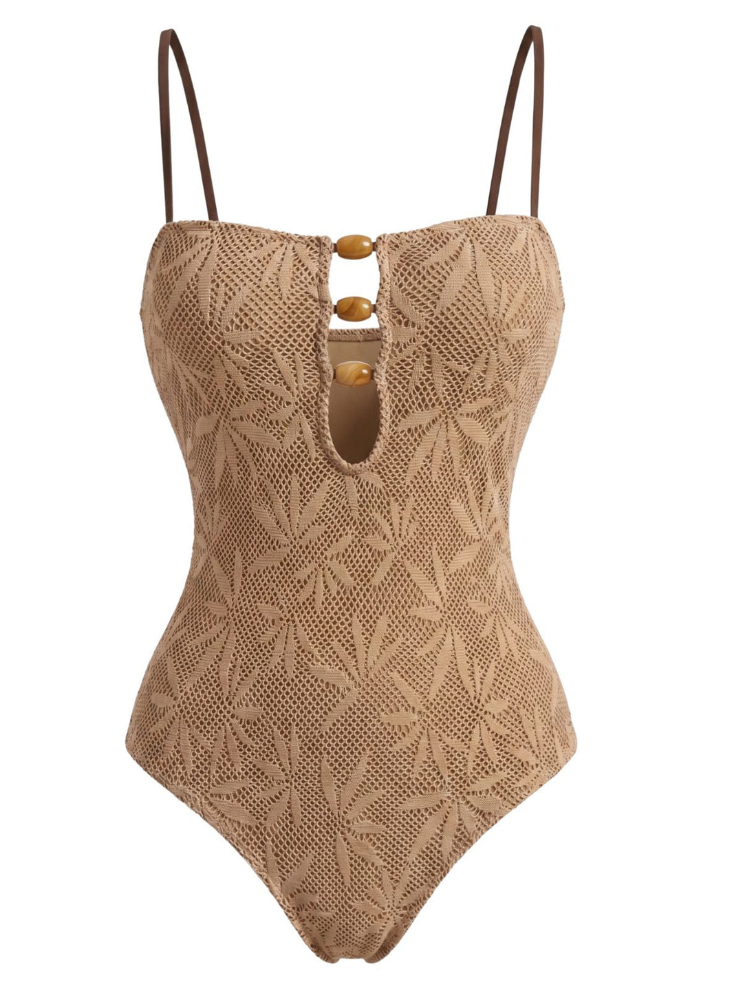Khaki Jacquard Beaded One-Piece Swimsuit 3