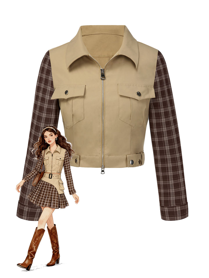 Khaki 1960s Lapel Tartan Plaids Zipper Jacket - vintage fashion, retro style
