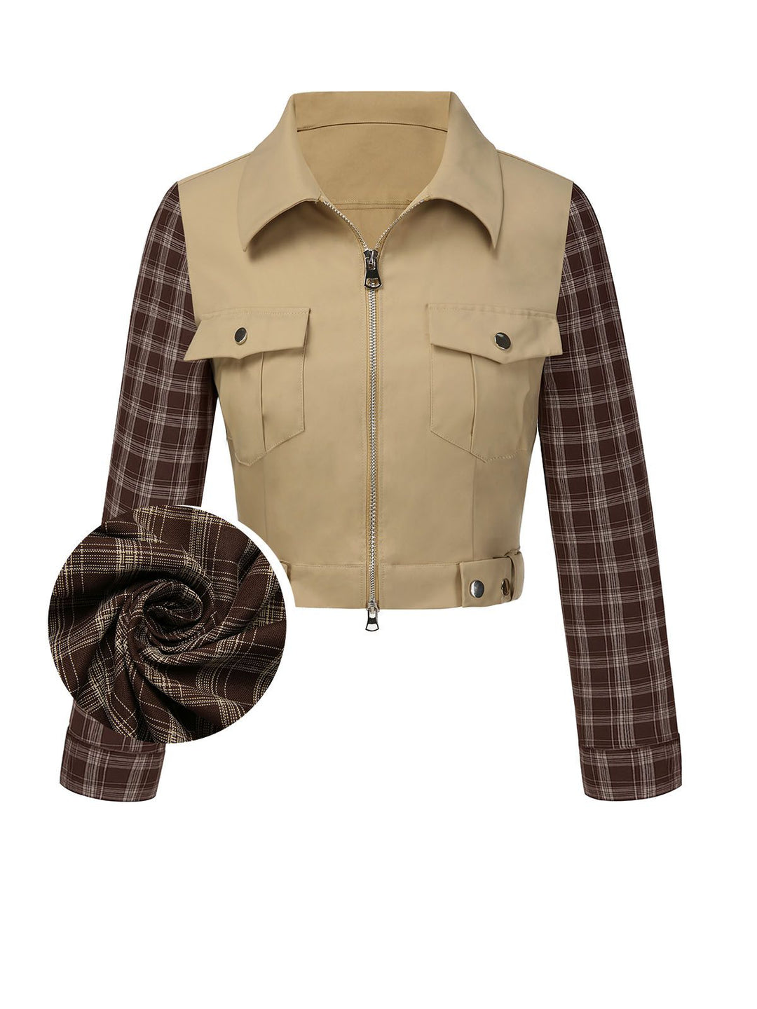 Khaki 1960s Lapel Tartan Plaids Zipper Jacket - vintage fashion, retro style