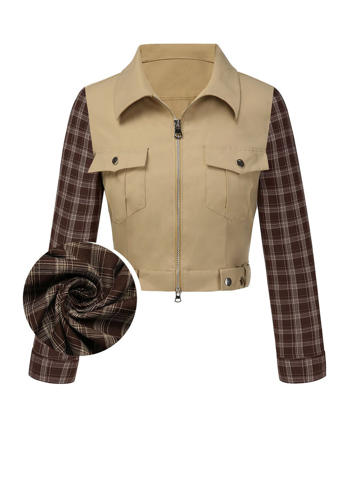 Khaki 1960s Lapel Tartan Plaids Zipper Jacket - vintage fashion, retro style