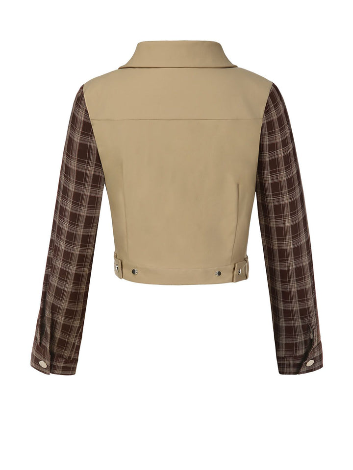 Khaki 1960s Lapel Tartan Plaids Zipper Jacket - vintage fashion, retro style
