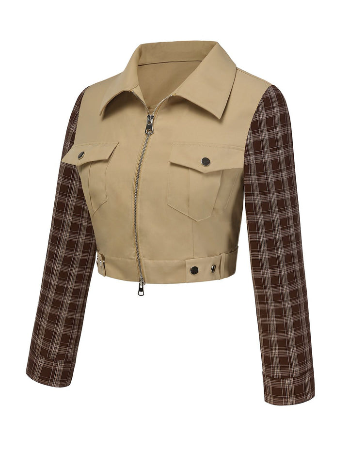 Khaki 1960s Lapel Tartan Plaids Zipper Jacket - vintage fashion, retro style