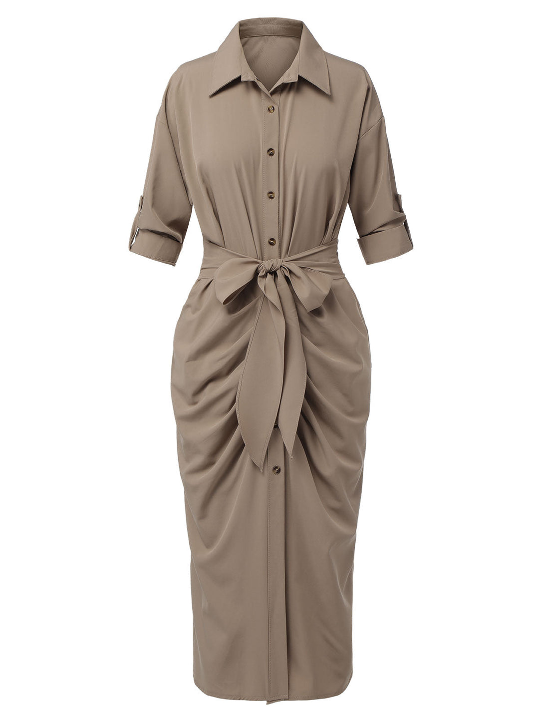 Khaki 1960s Solid Fold Pleated Lapel Dress, vintage dress, retro fashion - perfect for women who love vintage and retro fashion