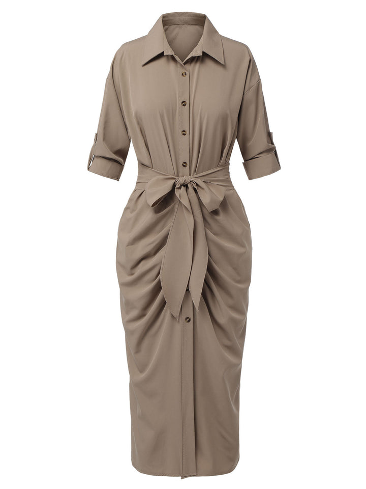 Khaki 1960s Solid Fold Pleated Lapel Dress, vintage dress, retro fashion - perfect for women who love vintage and retro fashion