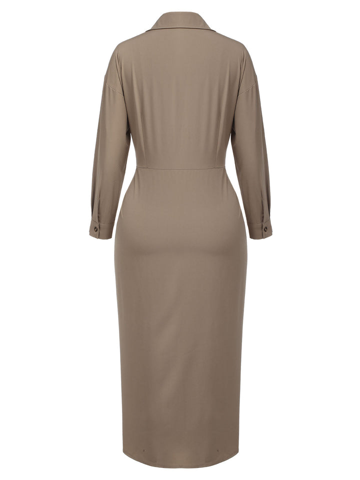 Khaki 1960s Solid Fold Pleated Lapel Dress, vintage dress, retro fashion - perfect for women who love vintage and retro fashion