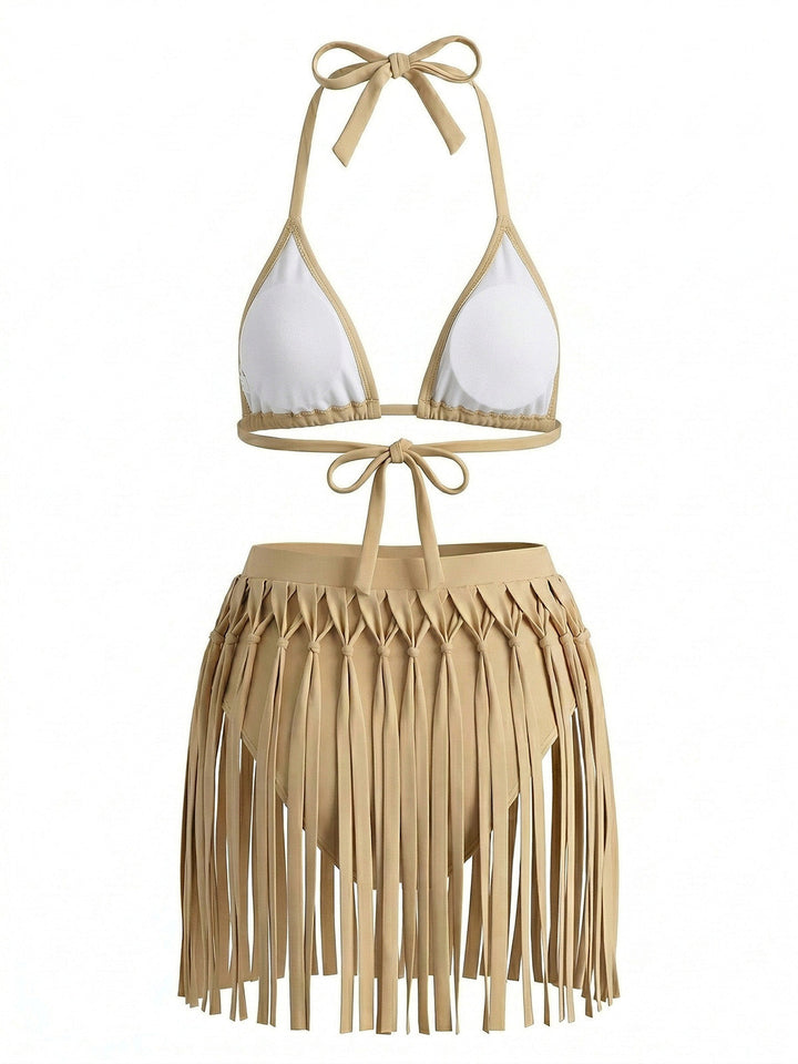 Khaki Fringe Two Piece Bikini Set