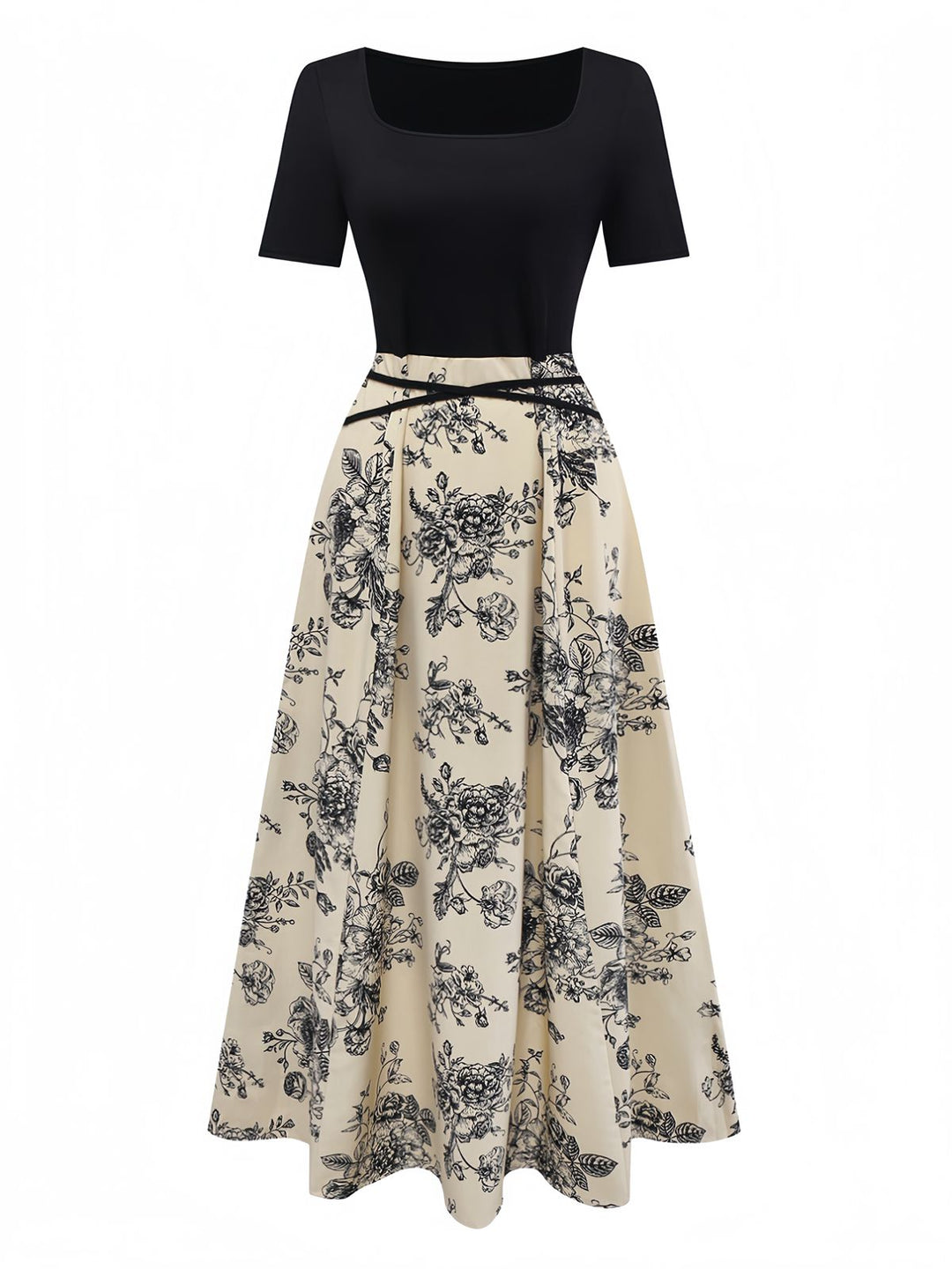 Khaki 1970s Knitted Square Neck Floral Dress - vintage dress, retro fashion