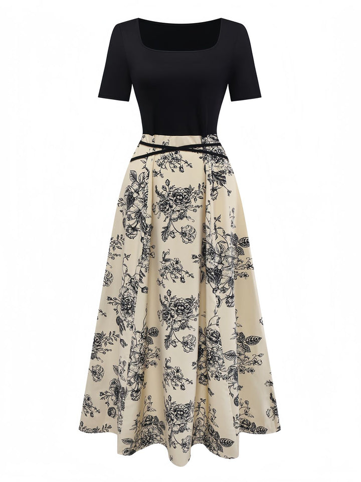 Khaki 1970s Knitted Square Neck Floral Dress - vintage dress, retro fashion