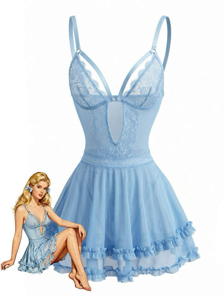 Lake Blue Floral Spaghetti Strap Lace Nightgown