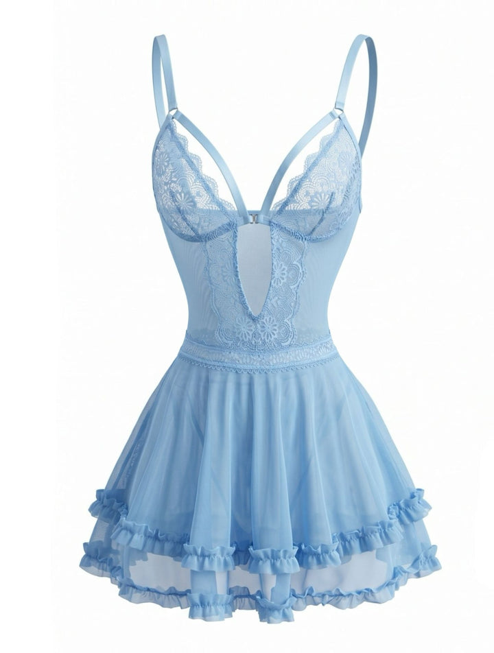 Lake Blue Floral Spaghetti Strap Lace Nightgown 2