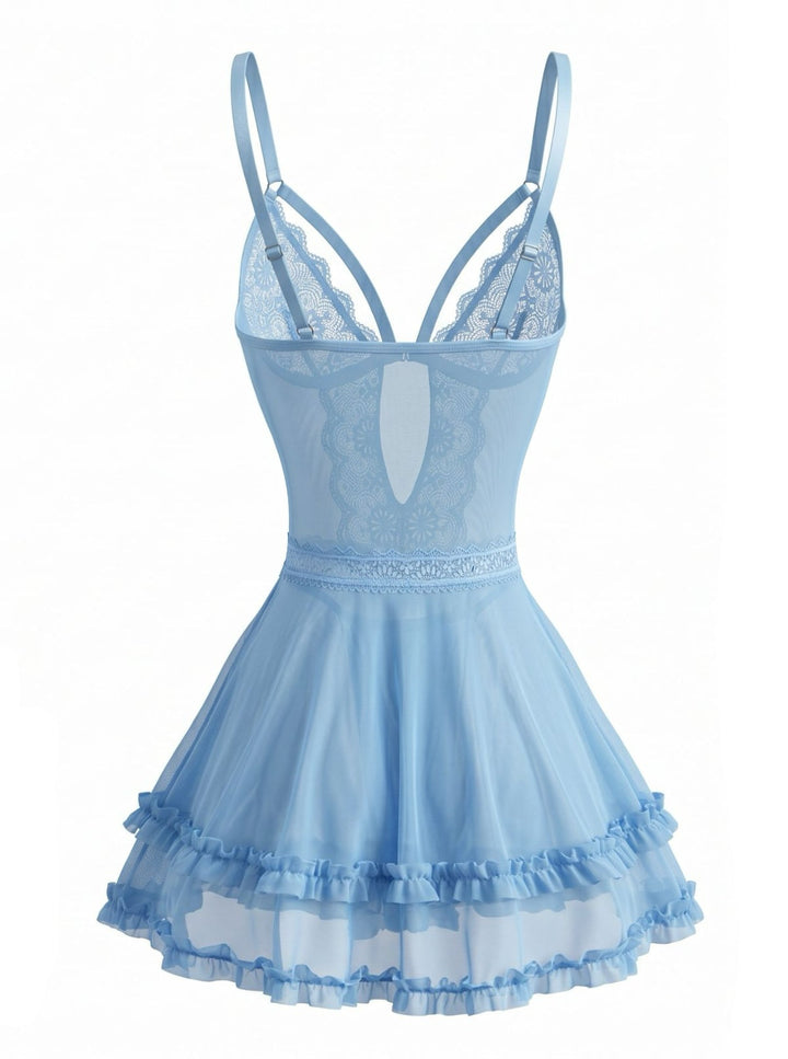 Lake Blue Floral Spaghetti Strap Lace Nightgown 3