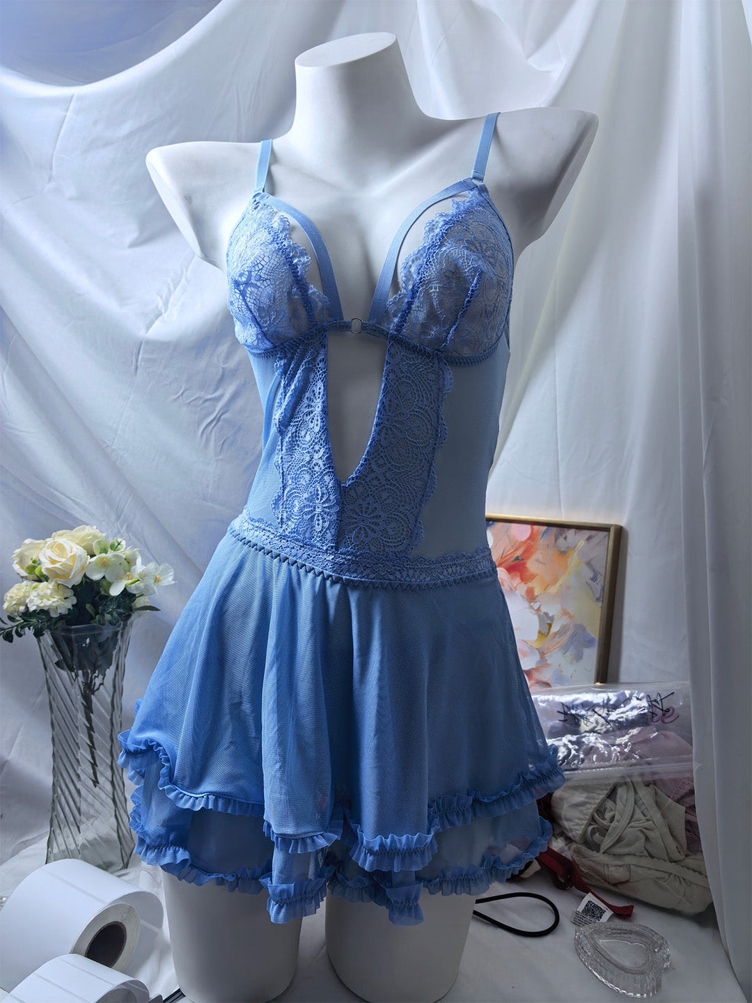 Lake Blue Floral Spaghetti Strap Lace Nightgown 4