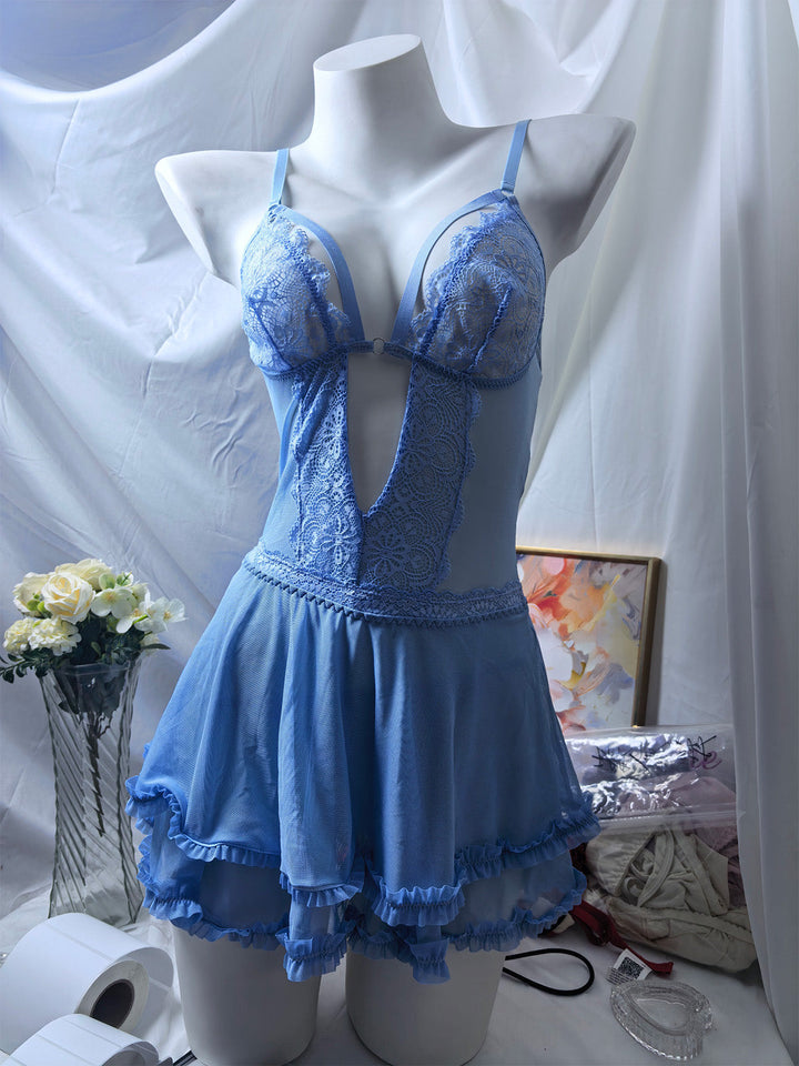 Lake Blue Floral Spaghetti Strap Lace Nightgown 4