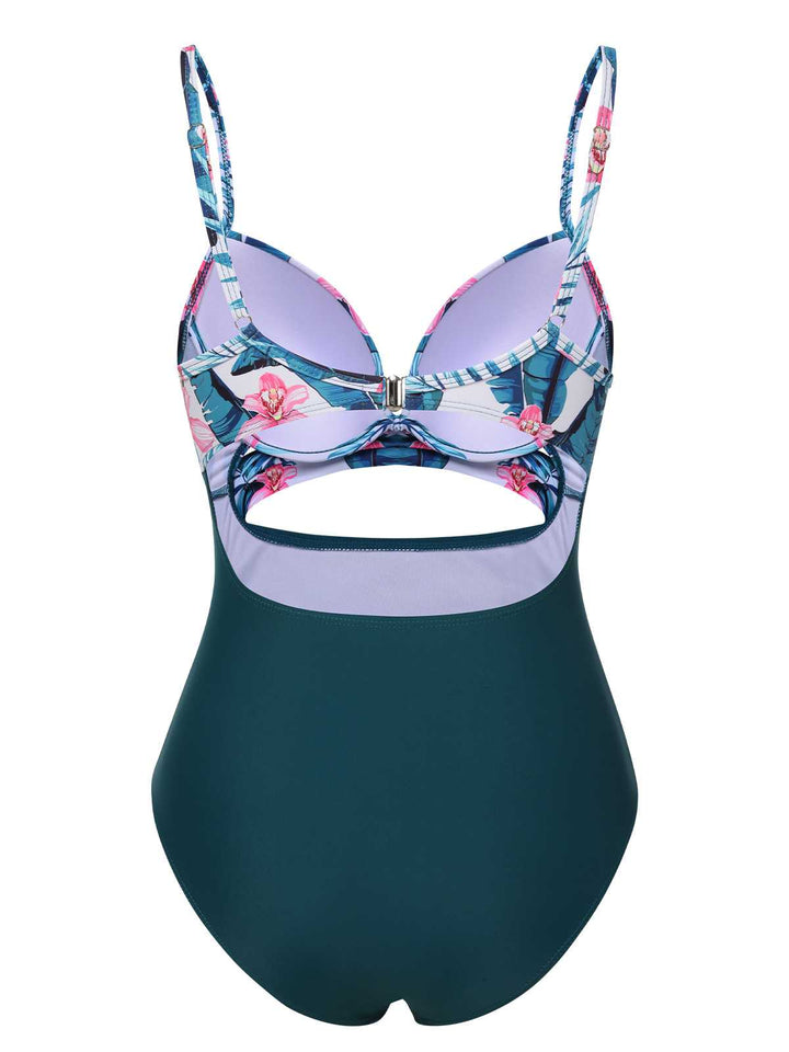 This Lake Green 1930s Spaghetti Strap Floral Swimsuit carries 1930s vacation dreams in every stitch