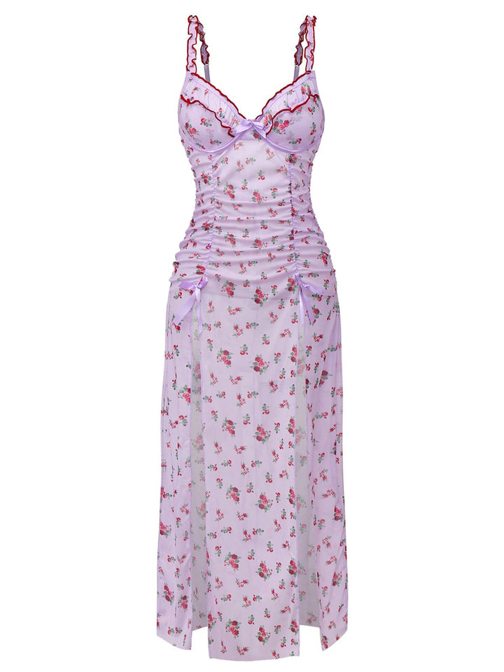 She slips into this Lavender 1930s Ditsy Floral Bow Slip Nightdress and suddenly it&
